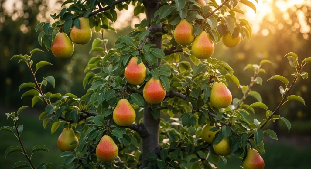Hyperrealistic mature Bartlett pear tree with golden-yellow ripe pears glowing in warm golden hour sunlight in a lush orchard
