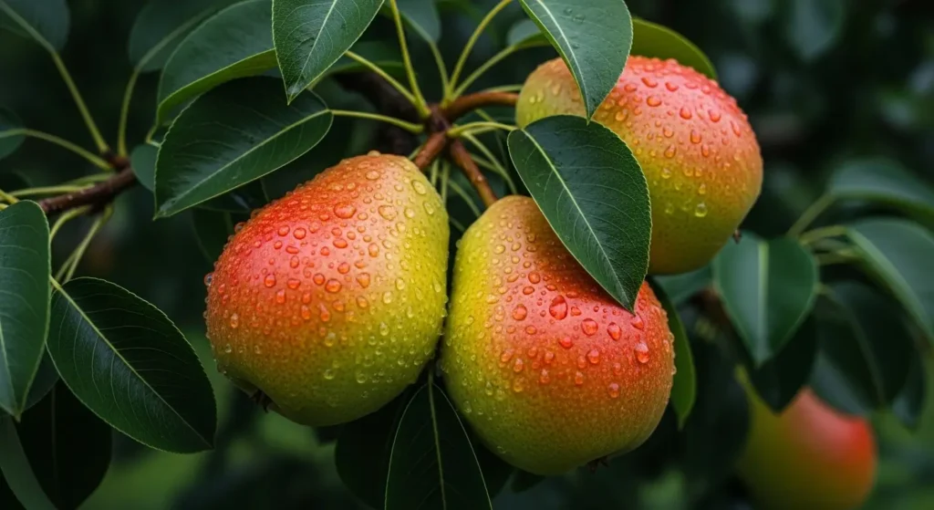 Ultra-detailed macro shot of ripe Bartlett pears with golden skin and water droplets hanging on a Bartlett pear tree branch