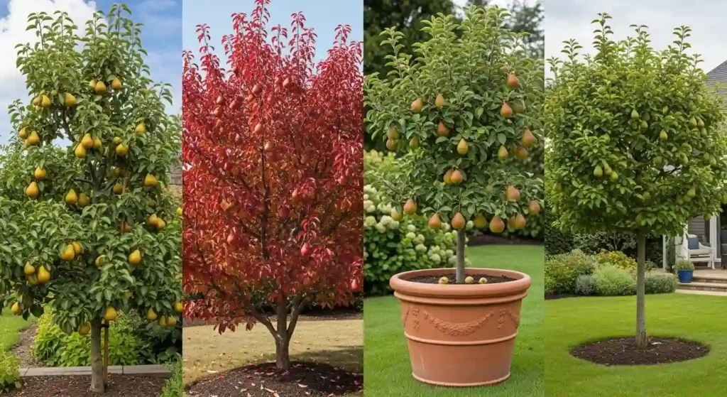 Four Bartlett pear tree varieties side by side — Standard, Red Bartlett, Dwarf, and Semi-Dwarf showing size and fruit color differences
