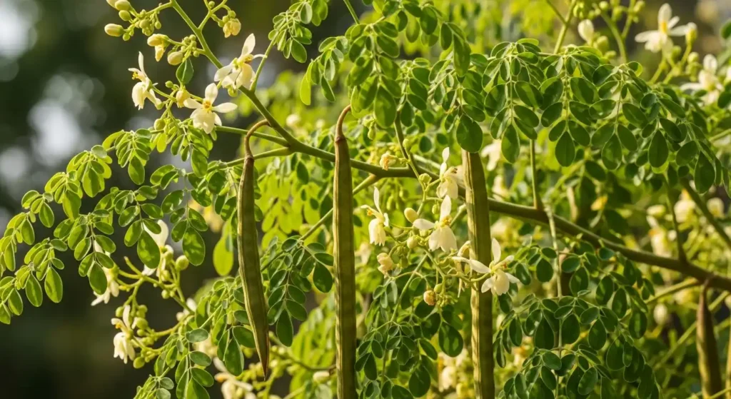 Close-up of benzoil tree branches showing bright green pinnate leaves, long seed pods, and creamy white moringa flowers