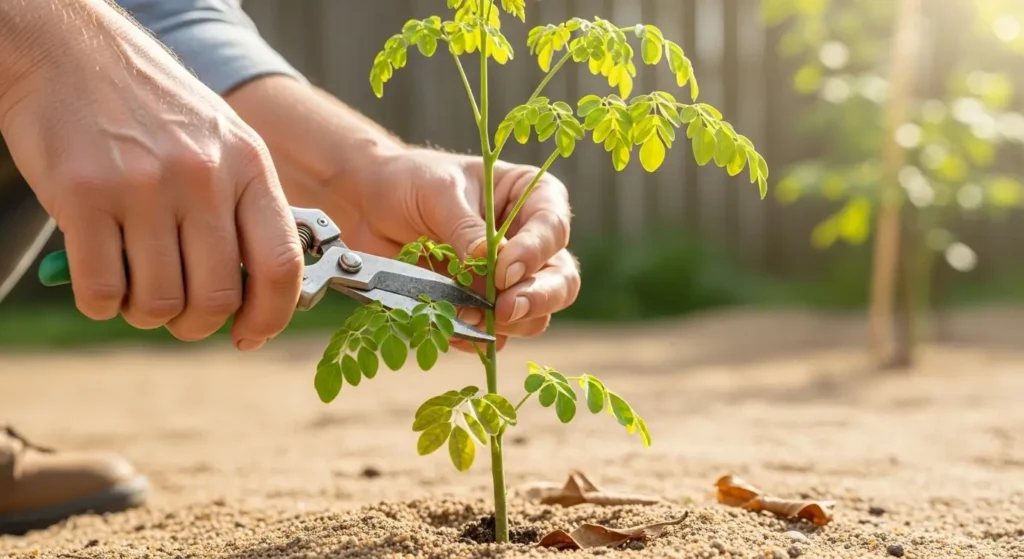 Gardener pruning a young benzoil tree in a sunny backyard garden with sandy soil at the base