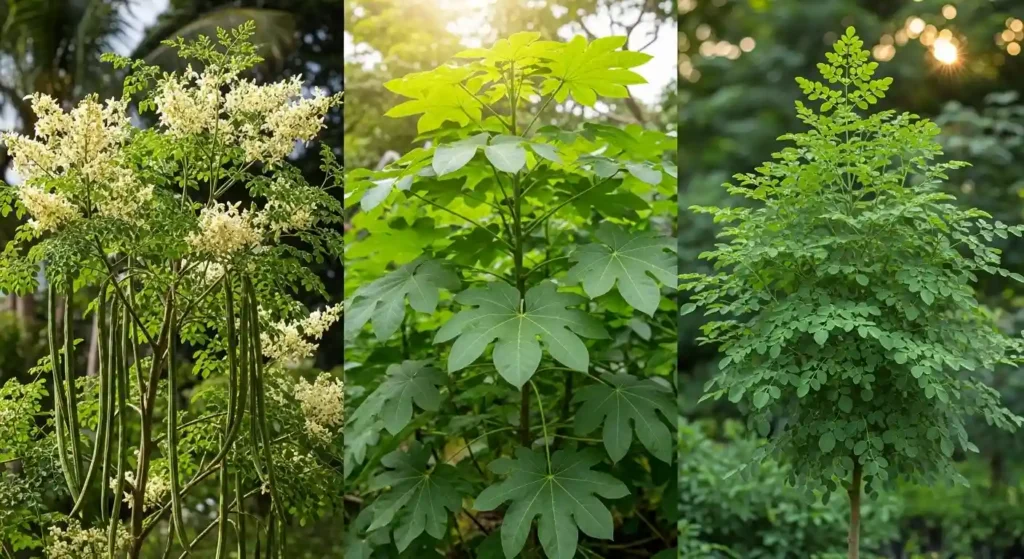 Different types of benzoil tree varieties including Moringa oleifera, Moringa stenopetala, and dwarf PKM-1 growing side by side in a tropical garden