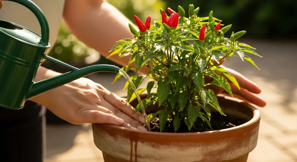 Gardener watering a potted chili pepper plant with tiny red and green fruits on a sunny patio