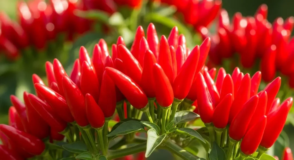 Bird chili plant branch covered in dozens of tiny bright red upright peppers in sharp focus
