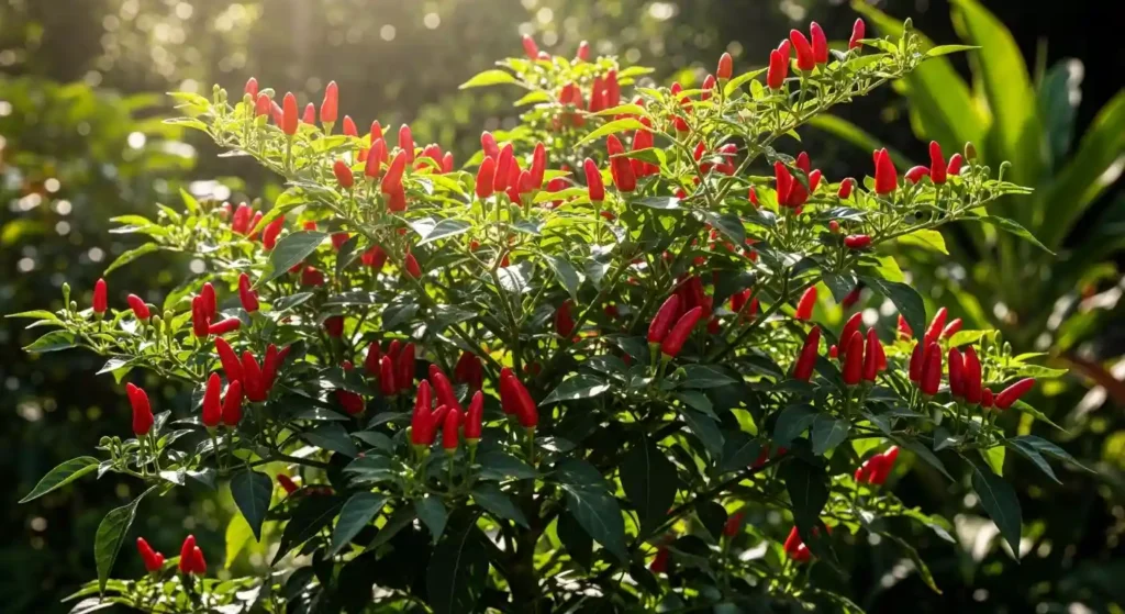 Healthy bird chili plant loaded with tiny bright red peppers in a sunny garden