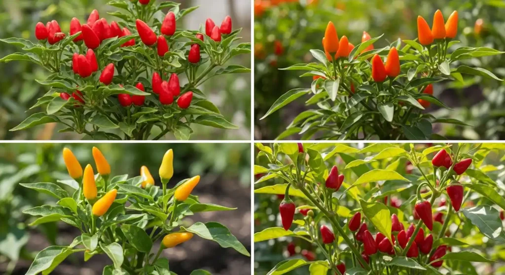 Four types of bird chili plant varieties showing red, orange, Tabasco and Malagueta pepper plants