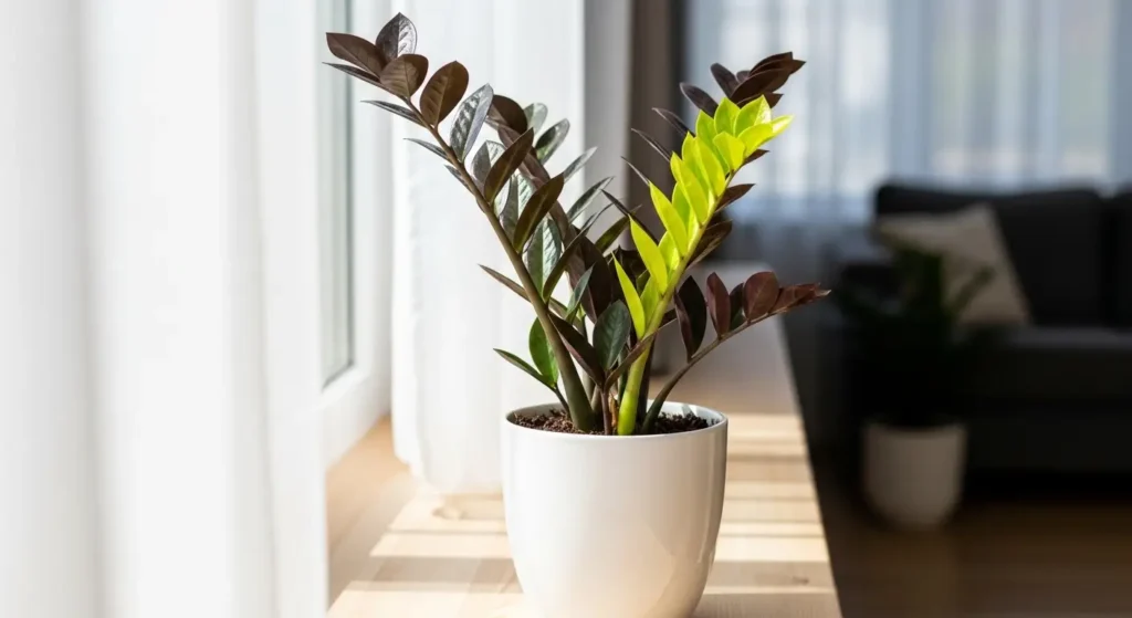 Zamioculcas zamiifolia Raven in a white ceramic pot on a bright wooden windowsill with soft natural indirect light