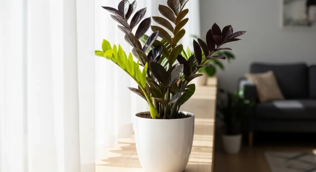 Black ZZ plant in a white pot on a bright windowsill with soft natural light highlighting its glossy purple-black leaves
