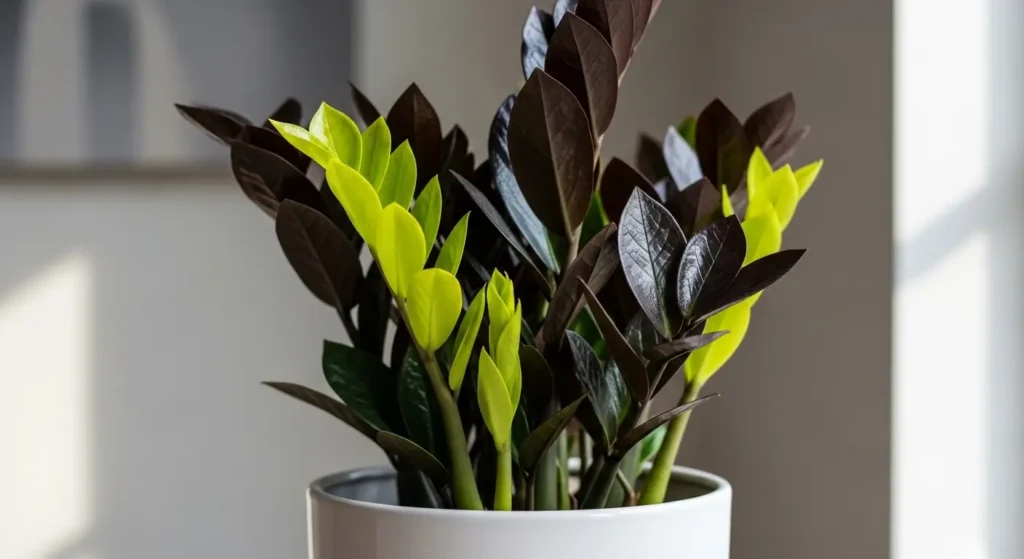 Black ZZ plant with glossy purple-black leaves and bright green new growth in a white pot indoors