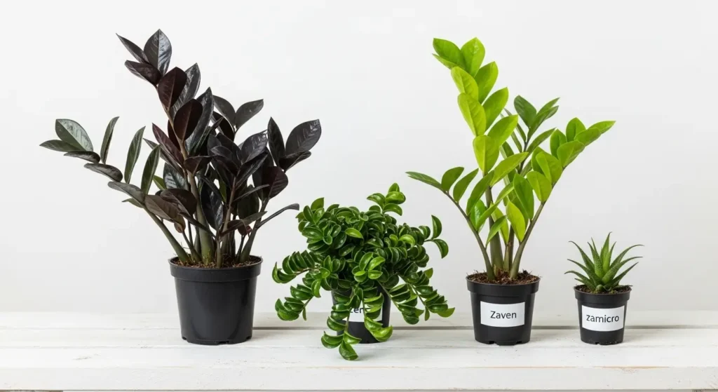 Four types of black ZZ plant varieties including Raven, Zenzi, Classic, and Zamicro displayed side by side indoors