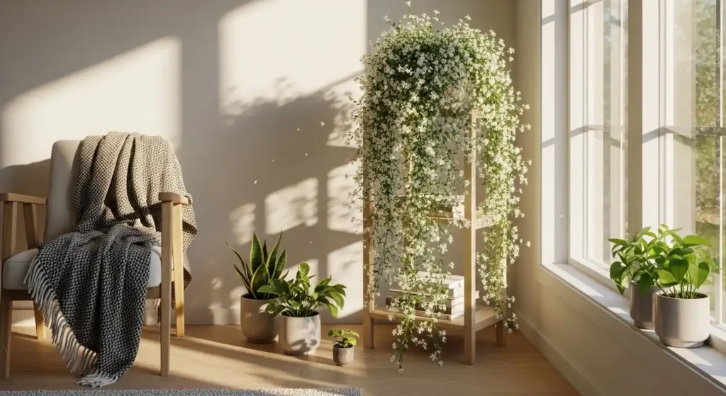 Gibasis geniculata trailing from a wooden shelf near a bright east-facing window in a minimalist indoor setting