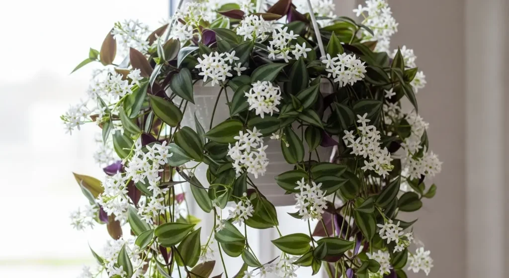 Bridal veil plant care – Gibasis geniculata trailing in a white hanging basket with tiny white flowers
