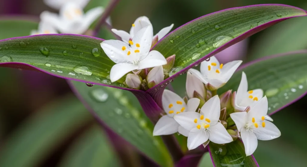 Close-up of bridal veil plant care details showing green and purple leaves with small white flowers