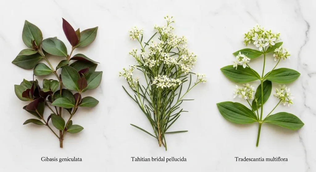 Three types of bridal veil plant varieties – Gibasis geniculata, Tahitian bridal veil and Tradescantia multiflora side by side