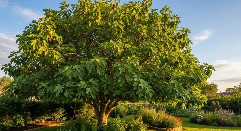 Mature brown turkey fig tree with dark purple-brown figs hanging from leafy branches in a sunny garden