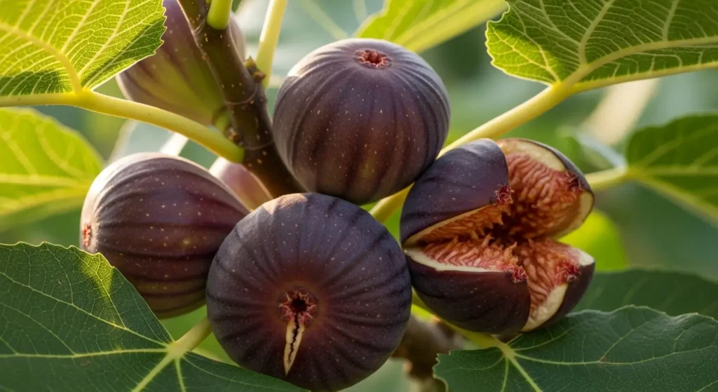Ripe purplish-brown figs with orange-pink flesh on a brown turkey fig tree branch