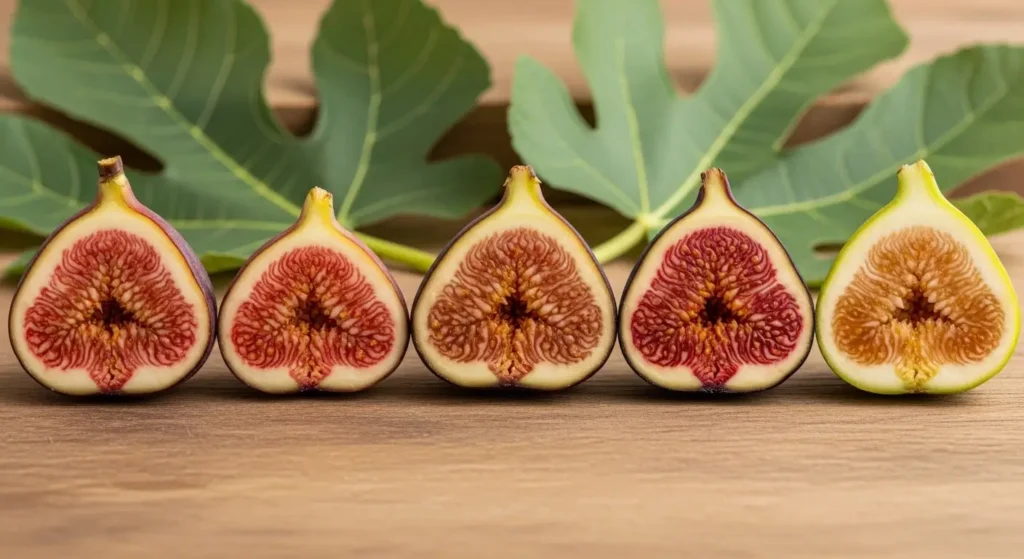 Five fig varieties including brown turkey fig tree, Celeste, Chicago Hardy, Black Mission and Kadota displayed side by side showing different skin and flesh colors