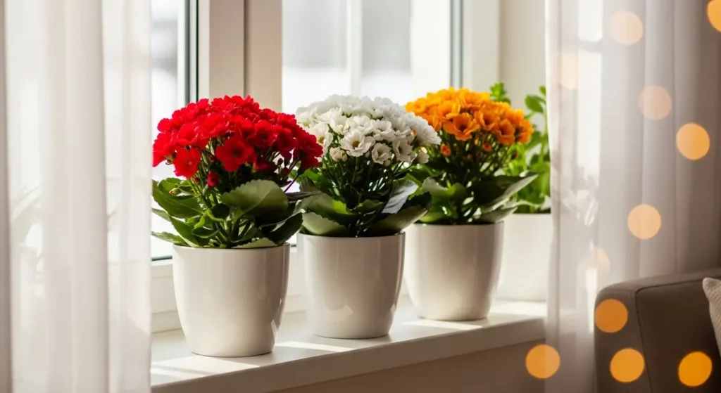 Three calandiva plant varieties in white pots on a sunny windowsill displaying red, white, and orange blooms