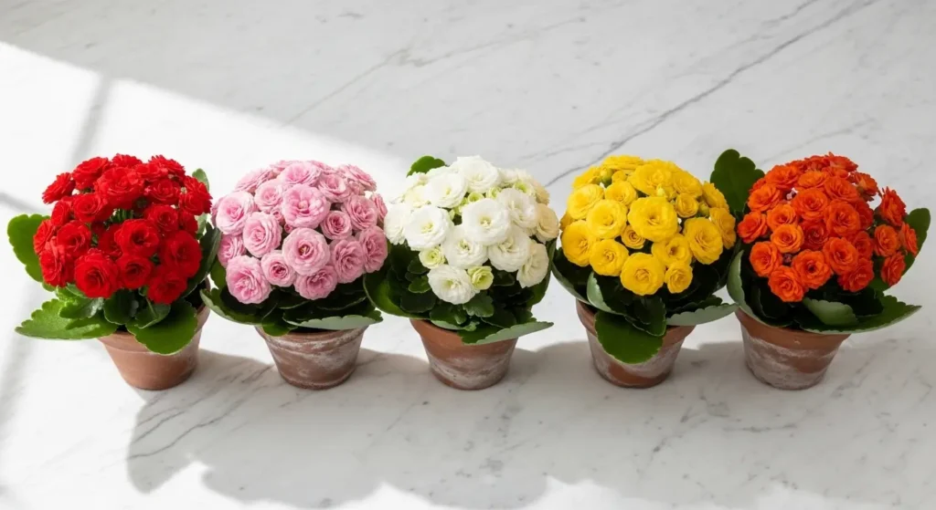 Five types of calandiva plant varieties in terracotta pots showing red, pink, white, yellow, and orange blooms