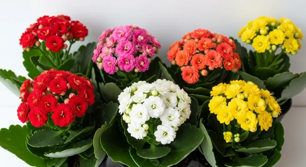 Multiple flowering succulents grouped together showing red, pink, orange, white and yellow double blooms above dark green scalloped leaves