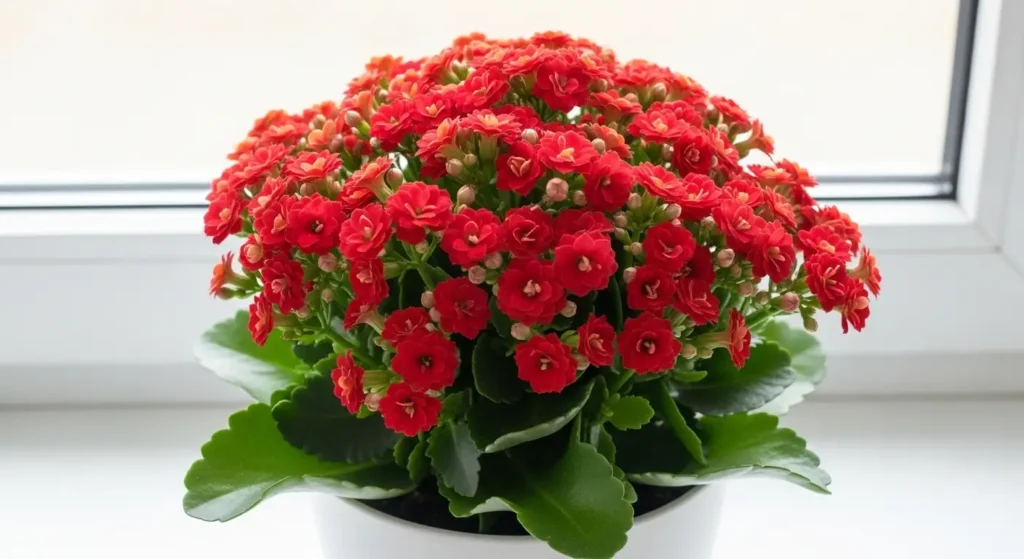 Healthy calandiva plant in a white pot showing dense clusters of vivid red double blooms above dark green scalloped succulent leaves