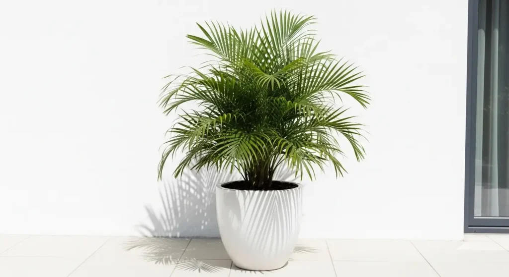 Christmas palm tree in a large ceramic pot on a bright modern sunny terrace
