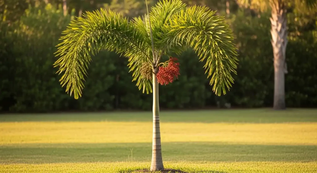 Christmas palm tree with bright red fruit clusters in a sunny Florida landscape