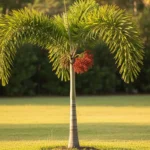 Christmas palm tree with bright red fruit clusters in a sunny Florida landscape