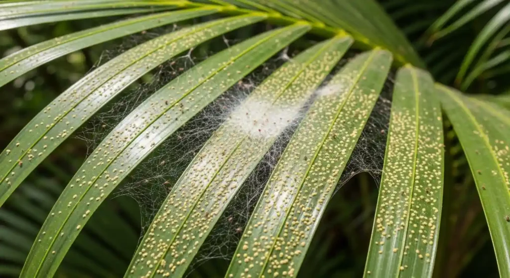 Close-up of fine white webbing and stippled damage on palm fronds caused by spider mites