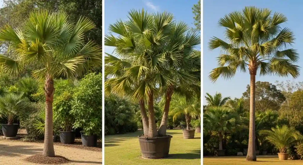 Different types of christmas palm tree varieties including single trunk, double trunk and Montgomery palm in a tropical garden