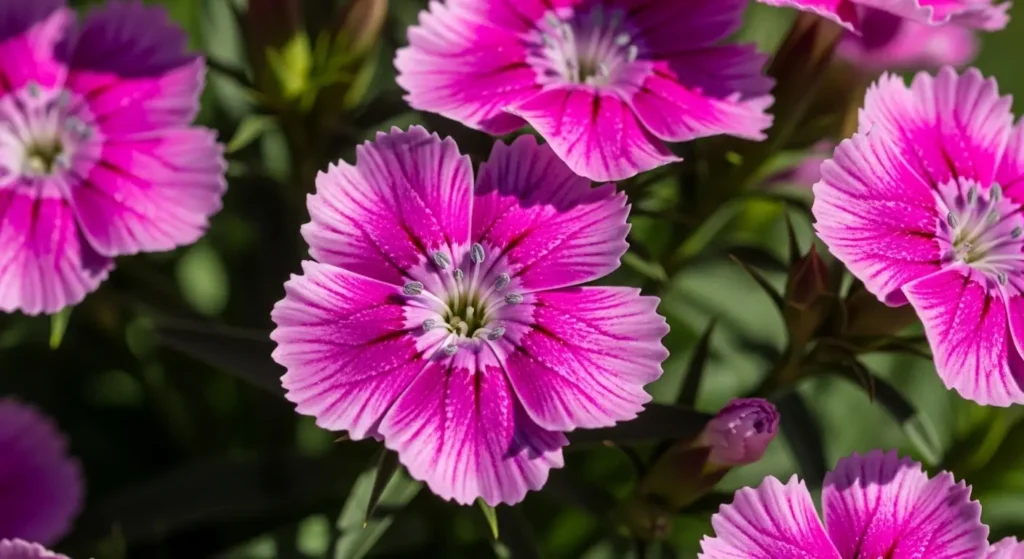 Dianthus plants with pink and red fringed blooms growing in a sunny garden bed