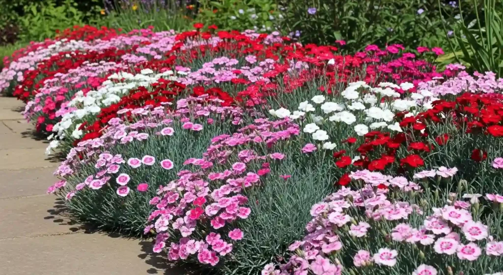 Gardener deadheading dianthus plants to encourage continuous blooming