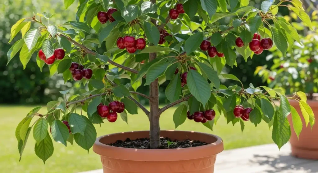 Stella cherry tree in a large terracotta pot loaded with dark red sweet cherries on a sunny patio