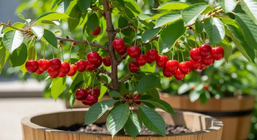 Dwarf cherry tree loaded with ripe red cherries growing in a large wooden pot on a sunny terrace