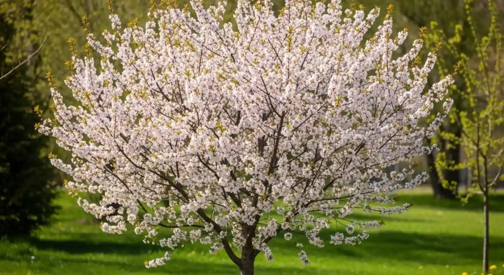 Dwarf cherry tree in full spring bloom growing in a large terracotta pot on a sunny patio