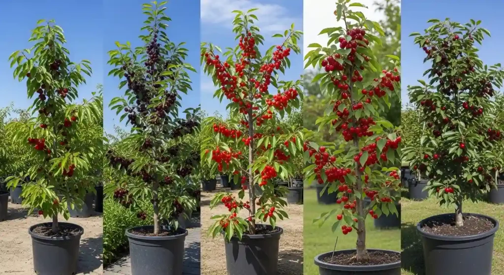 Five dwarf cherry tree varieties growing side by side in large pots displaying different red cherry fruits in a sunny garden