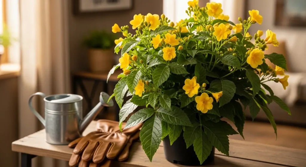 Potted esperanza plant with yellow bell flowers on an indoor shelf next to a watering can