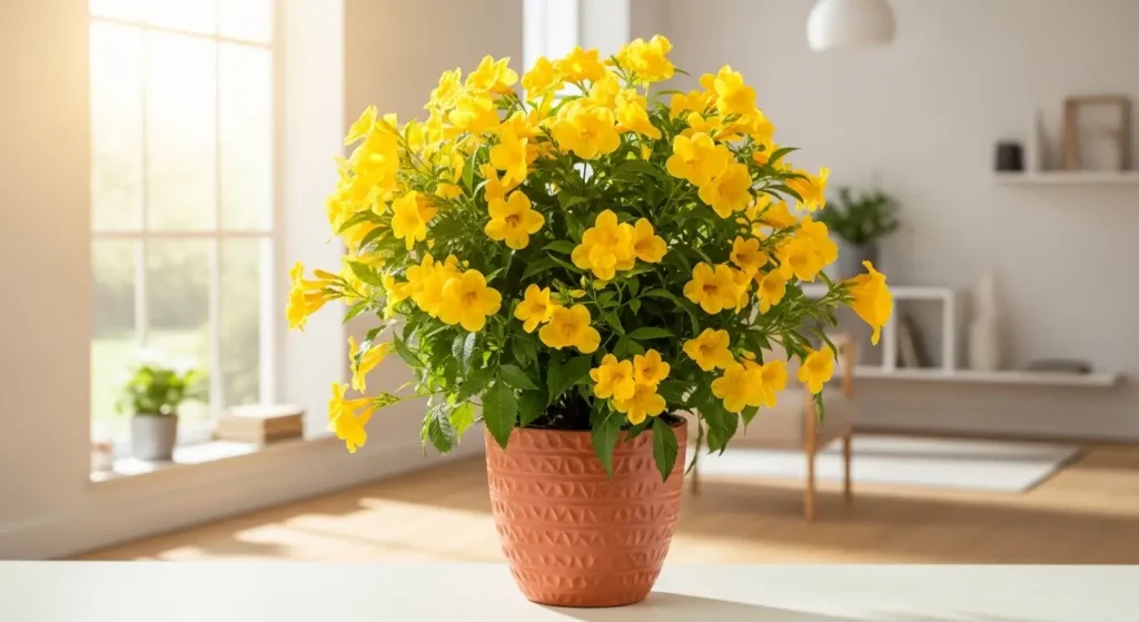Esperanza plant in a terracotta pot on a sunny indoor windowsill with bright yellow trumpet flowers