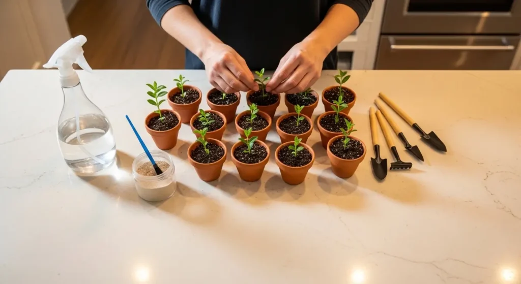 Person propagating esperanza stem cuttings in small pots on a bright indoor kitchen counter