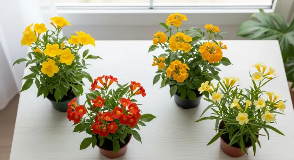 Four types of esperanza plant varieties displayed in small indoor pots showing yellow, golden, orange-red and narrow-leaf varieties