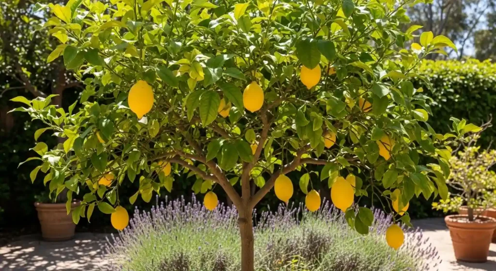 Lush citrus tree loaded with bright yellow lemons in a sunny backyard garden