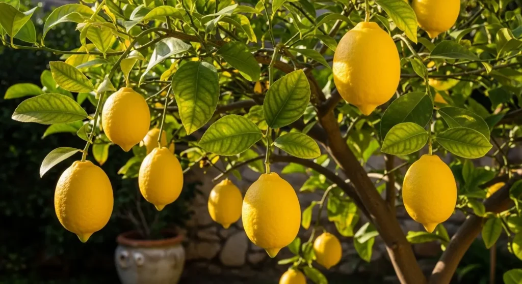 Eureka lemon tree loaded with bright yellow lemons in a sunny backyard garden