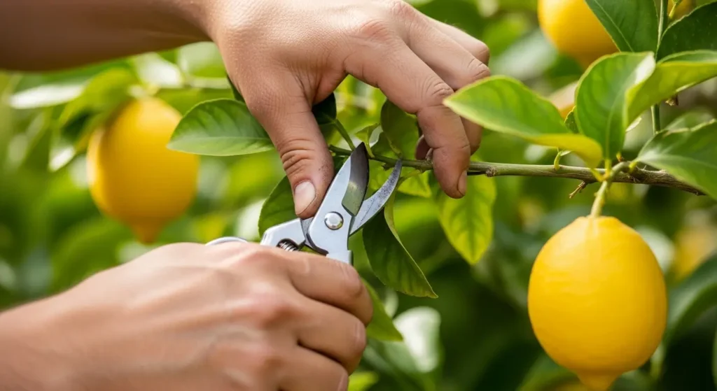 Gardener pruning a Eureka lemon tree branch with pruning shears in a sunny garden