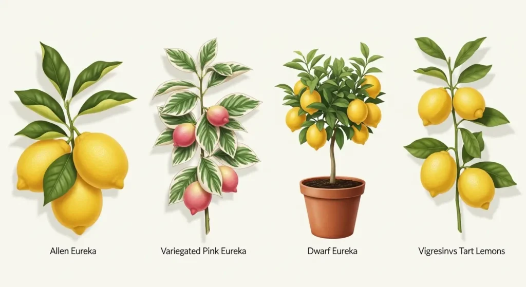 Four types of Eureka lemon tree varieties including Allen Eureka, Variegated Pink, Dwarf Eureka and Lisbon