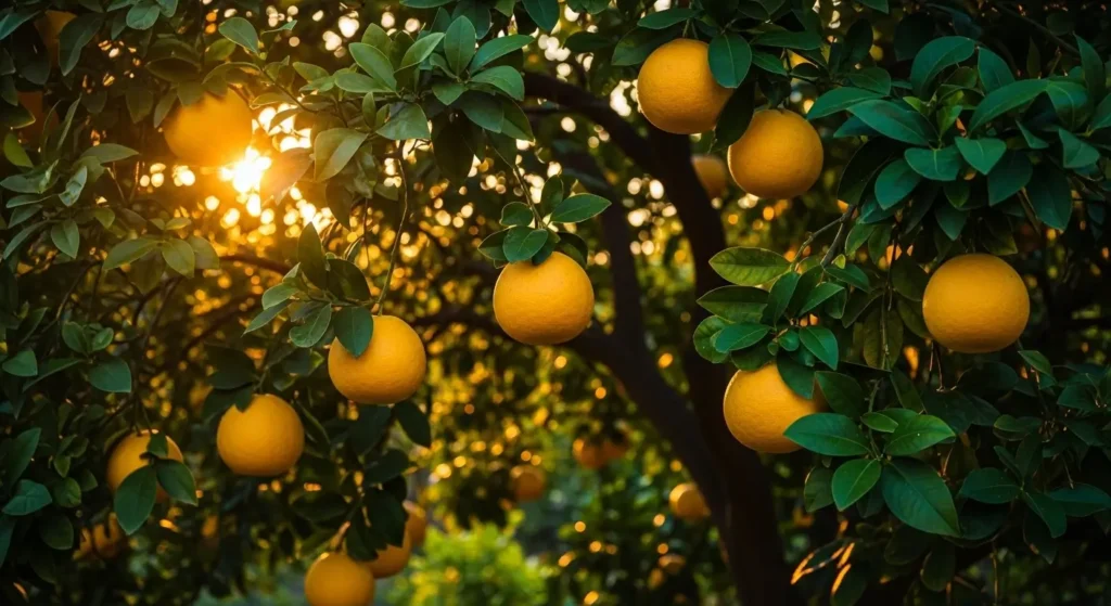 Mature citrus tree overloaded with ripe golden-yellow fruit clusters glowing in warm sunlight