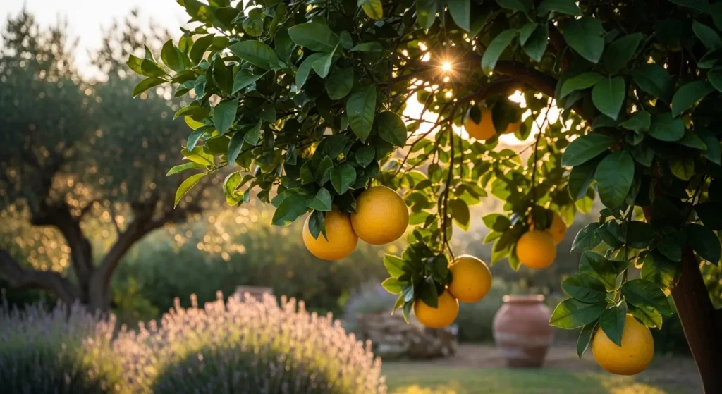 Mature grapefruit tree with golden yellow fruit clusters glowing in warm sunlight