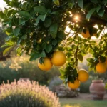 Mature grapefruit tree with golden yellow fruit clusters glowing in warm sunlight