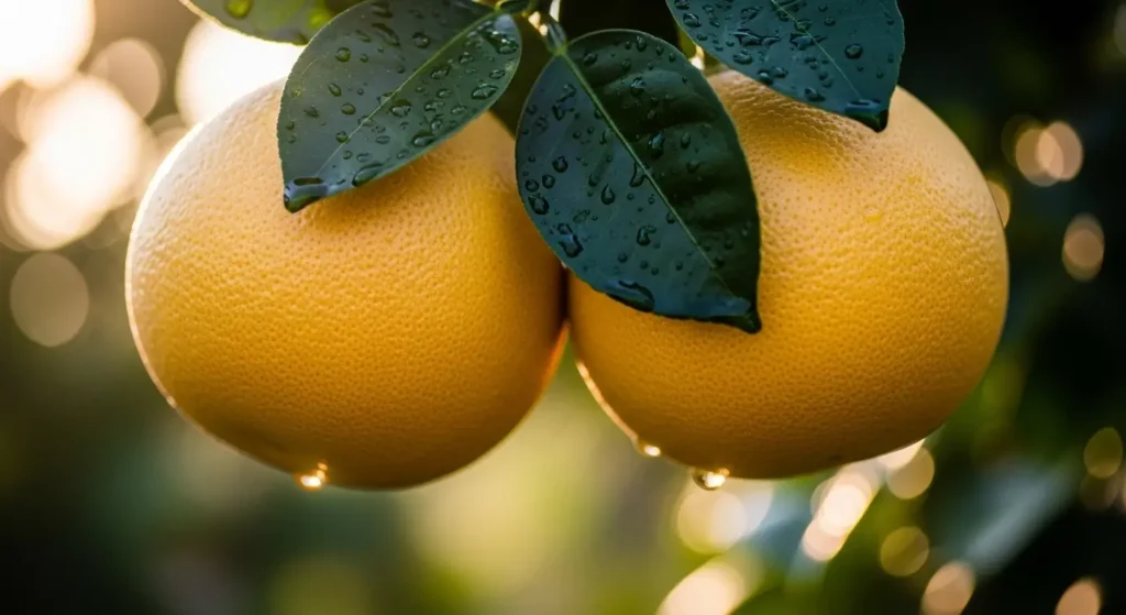 Two perfectly ripe golden grapefruit glowing on a grapefruit tree branch with morning dew