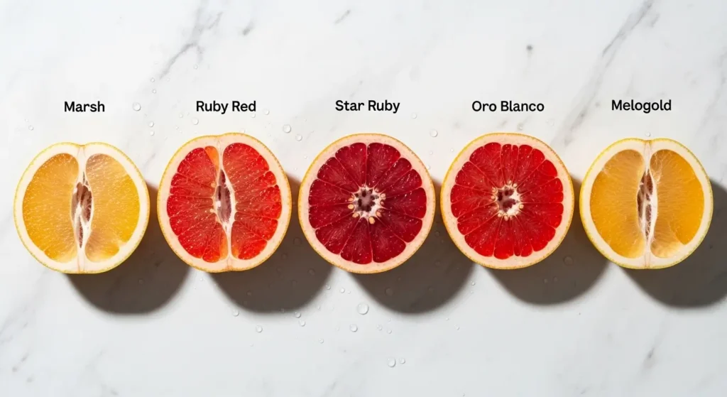 Five grapefruit tree varieties cut open side by side showing Marsh, Ruby Red, Star Ruby, Oro Blanco and Melogold flesh colors