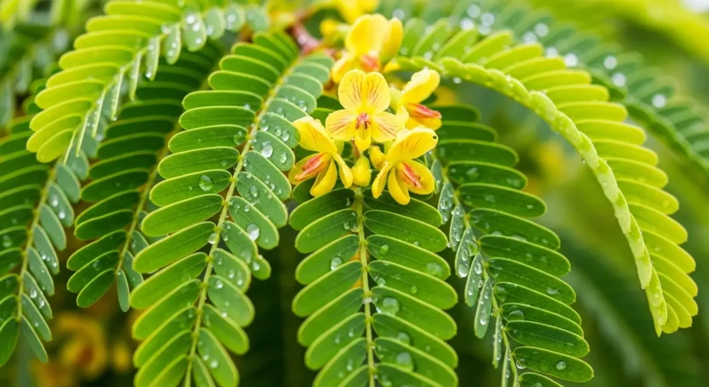 Close-up of imli plant feathery pinnate leaves and delicate yellow flowers with red streaks in full bloom